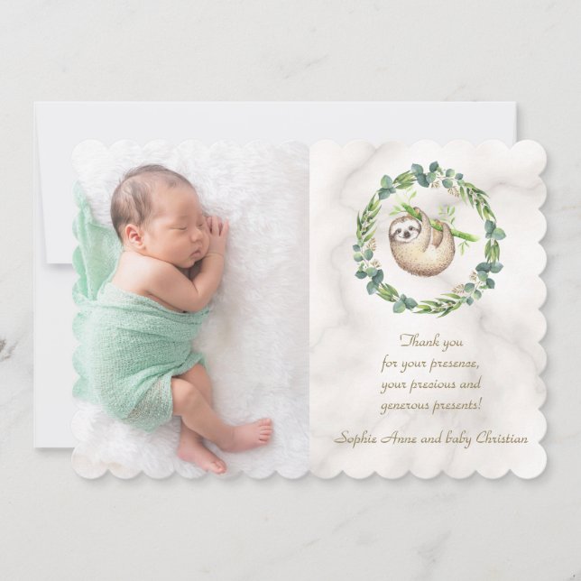 Cute Sloths Eucalyptus Wreath Baby Shower Thank You Card (Front)