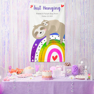Cute Sloths, Fun Colourful Boho Rainbow Baby Showe Banner
