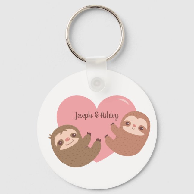 Cute Sloths Hugging Heart, Personalized Key Ring (Front)