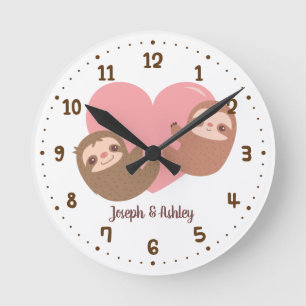 Cute Sloths Hugging Heart, Wall Decor Round Clock