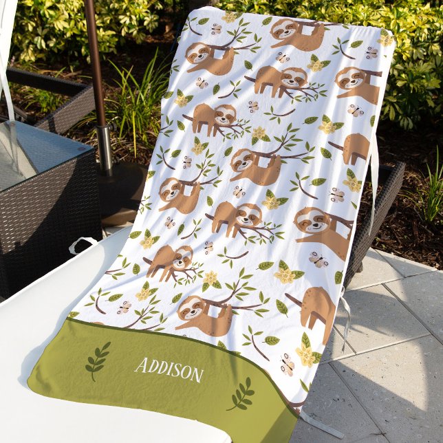 Cute Sloths Sleeping on Tree Branches Kid Pattern Beach Towel (Creator Uploaded)