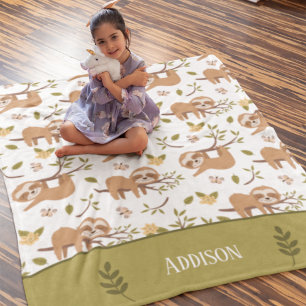 Cute Sloths Sleeping on Tree Branches Kid Pattern Fleece Blanket