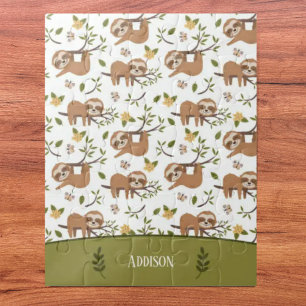 Cute Sloths Sleeping on Tree Branches Kid Pattern Jigsaw Puzzle