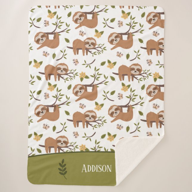 Cute Sloths Sleeping on Tree Branches Kid Pattern Sherpa Blanket (Front)
