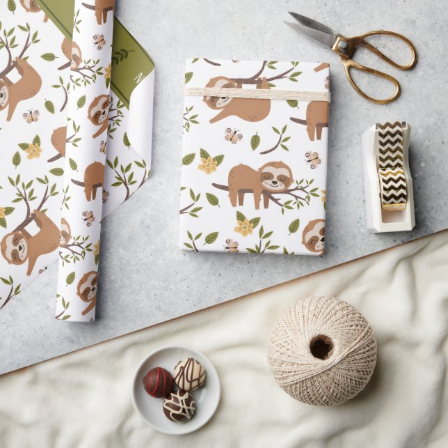 Cute Sloths Sleeping on Tree Branches Kid Pattern Wrapping Paper (Crafts)