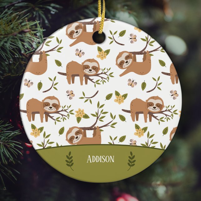 Cute Sloths Sleeping on Tree Kid Christmas Ceramic Ornament (Creator Uploaded)