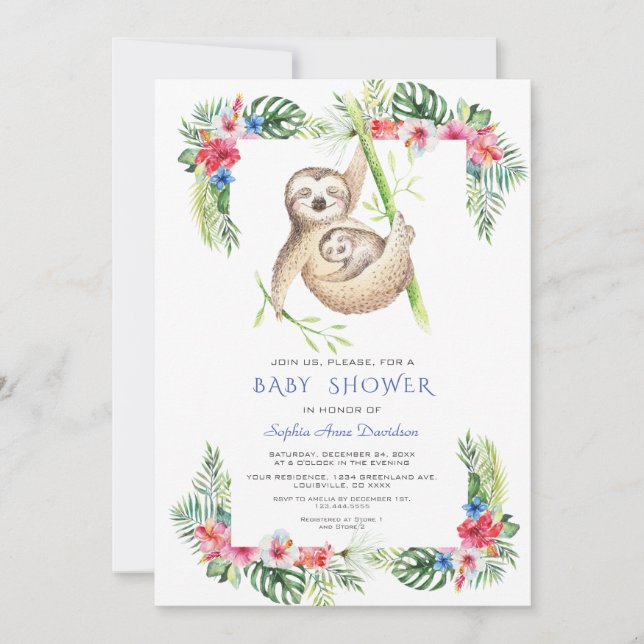 Cute Sloths Tropical Flowers Frame Baby Shower Invitation (Front)