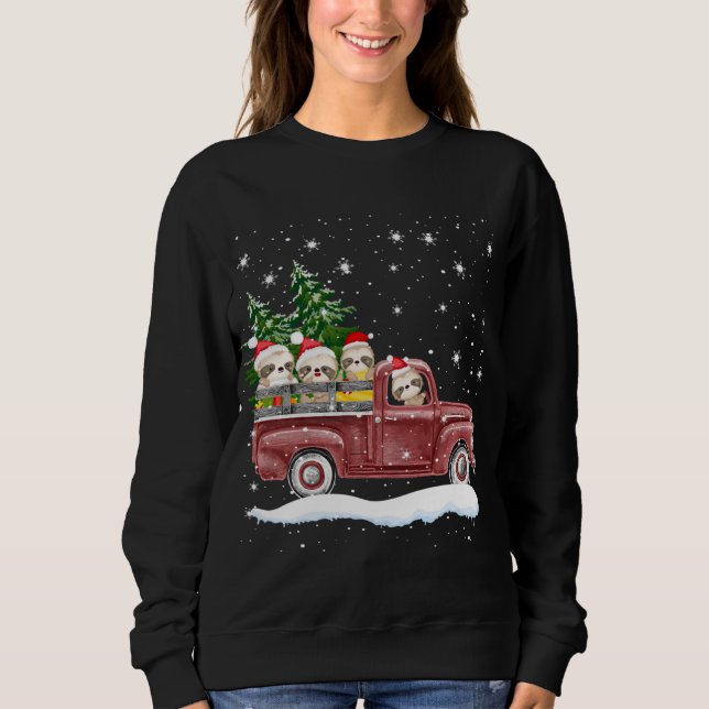 Cute Sloths With Red Truck Funny Christmas Gift Sweatshirt (Front)
