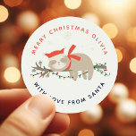 Cute Slothy 1st Christmas Kids Classic Round Sticker<br><div class="desc">Cute personalised gift stickers to help make labelling presents that little bit easier during the festive season! Design features a cute little sloth wearing a santa hat and scarf, asleep on a tree branch decorated in christmas fairy lights and snowflakes. Simply personalise the greeting and add the name of who...</div>