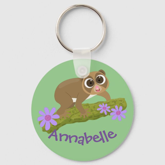 Cute slow loris flowers cartoon illustration key ring (Front)
