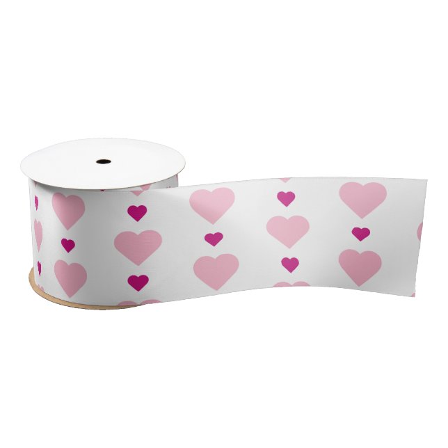 Cute Small and Large Pink Hearts on White Satin Ribbon (Spool)