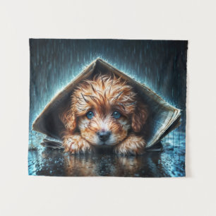 Cute small dog in rain day with blue eyes art tapestry