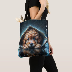 Cute small dog in rain day with blue eyes art tote bag