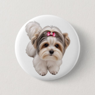 Cute Small Dog Puppy Portrait Round Pin Button