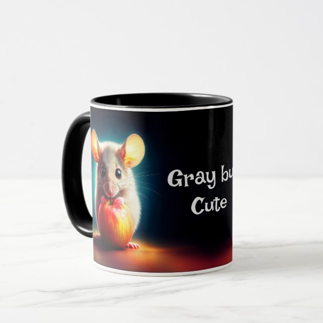 Cute small mouse with shiny apple kitchen art mug (Front Left)