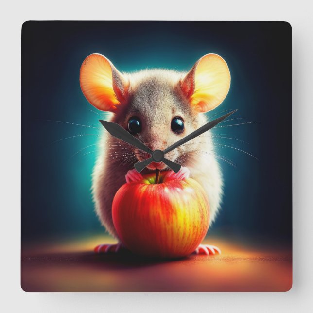 Cute small mouse with shiny apple kitchen art square wall clock (Front)