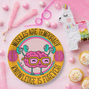 Cute Smart Pink Brain Knowledge Is Forever  Paper Plate
