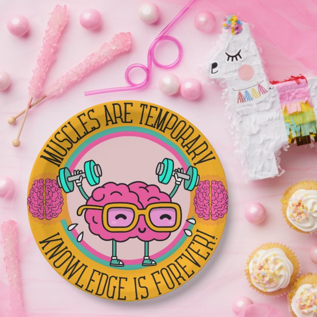 Cute Smart Pink Brain Knowledge Is Forever  Paper Plate (Party)