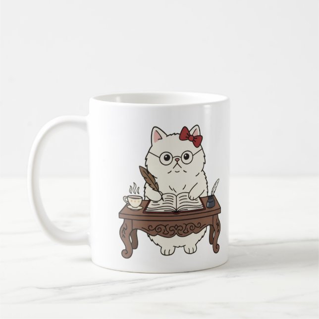 Cute Smart Teacher Writing Calligraphy Coffee Cat Mug (Left)