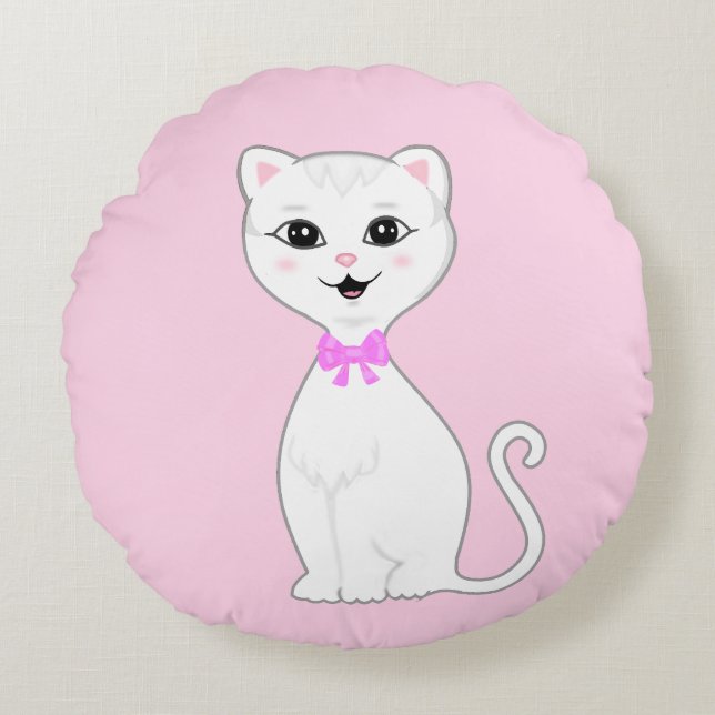 Cute Smart White Cat Cartoon Round Cushion (Front)