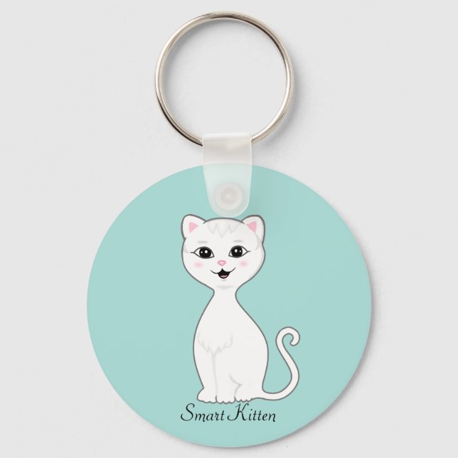Cute Smart White Kitten Cartoon on Light Blue Key Ring (Front)