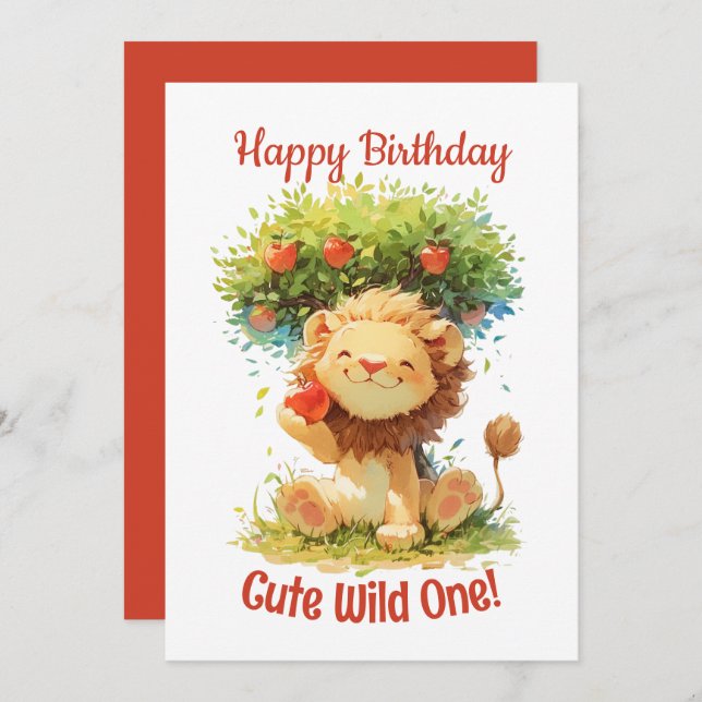 Cute Smile Lion And Apple Tree Birthday Card (Front/Back)