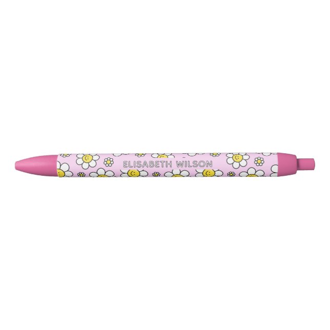 Cute Smiley Chamomile Flower Script Name Monogram Black Ink Pen (Front)