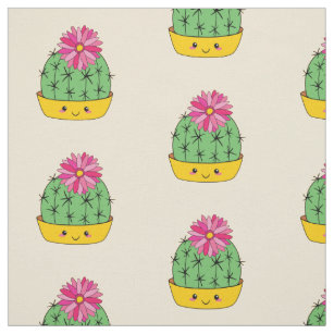 Cute Smiley Face Cactus Flower Cartoon Fabric