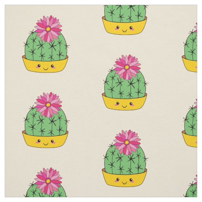 Cute Smiley Face Cactus Flower Cartoon Fabric (Swatch)