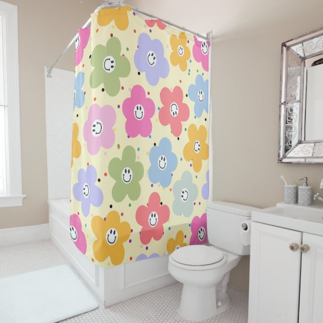 Cute Smiley Flower Pattern Pastel Shower Curtain (In Situ)