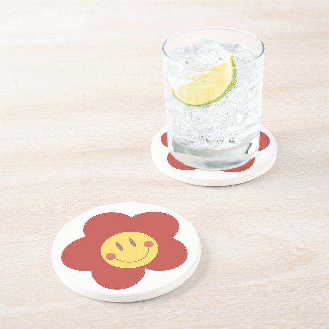 Cute Smiley Flower Retro Aesthetic Happy Face Desi Coaster (Side)