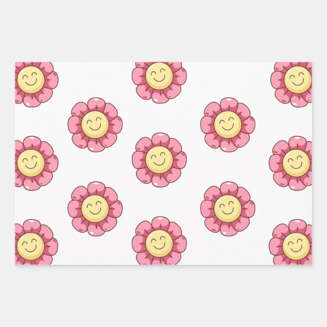 Cute Smiley Flower Wrapping Paper – Pink  (Front)