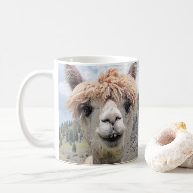 Cute Smiling Alpaca Photo Image Coffee Mug (With Donut)