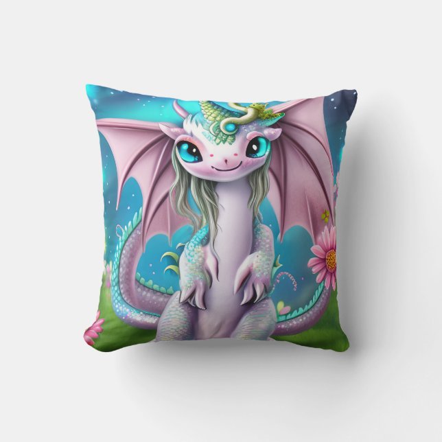 Cute Smiling Baby Dragon with Flowers  Cushion (Front)