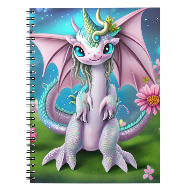 Cute Smiling Baby Dragon with Flowers Notebook (Front)