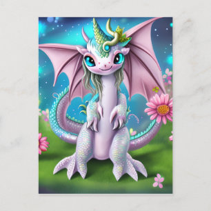 Cute Smiling Baby Dragon with Flowers  Postcard