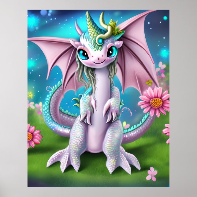 Cute Smiling Baby Dragon with Flowers Poster (Front)