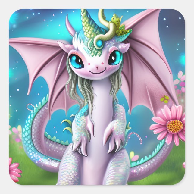 Cute Smiling Baby Dragon with Flowers  Square Sticker (Front)