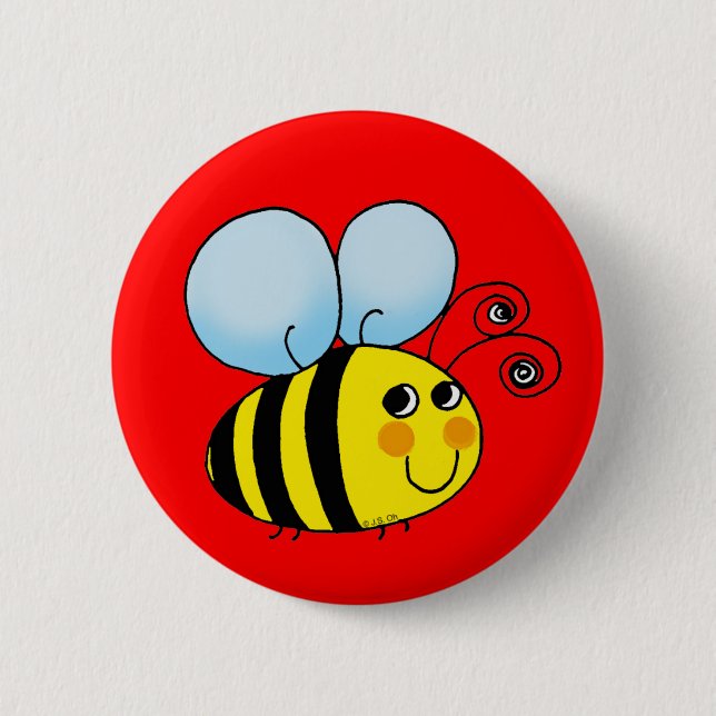 Cute Smiling Bee on Bright Red  6 Cm Round Badge (Front)