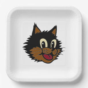 CUTE SMILING BLACK AND BROWN NAUGHTY CAT PAPER PLATE
