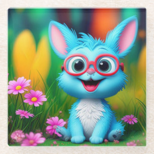 Cute Smiling Blue Bunny Wearing Glasses-567345 Glass Coaster