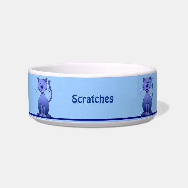 Cute Smiling Blue Cat Personalised Pet Bowl (Front)