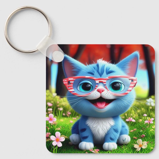 Cute Smiling Blue Kitten-55665 Key Ring (Front)