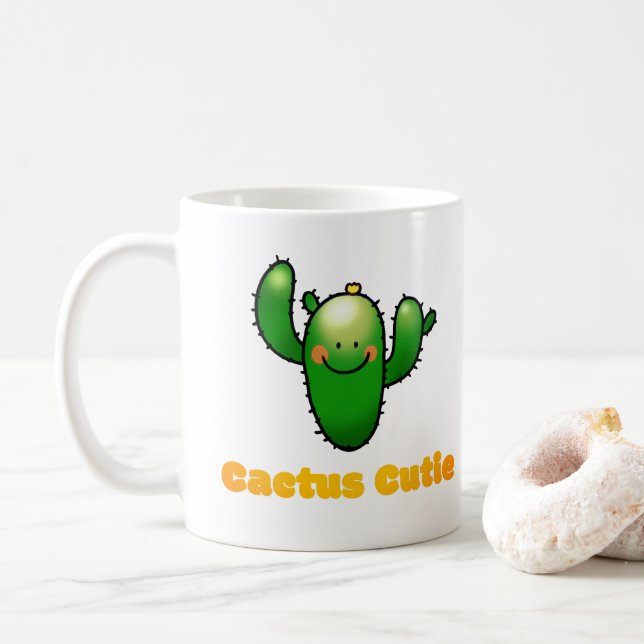 Cute Smiling Cactus Illustration Coffee Mug (With Donut)