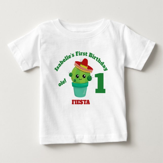 Cute Smiling Cactus in Red Sombrero First Birthday Baby T-Shirt (Front)