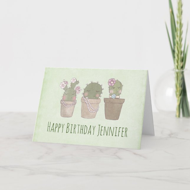 Cute Smiling Cactus Trio Watercolor Birthday Card (Front)