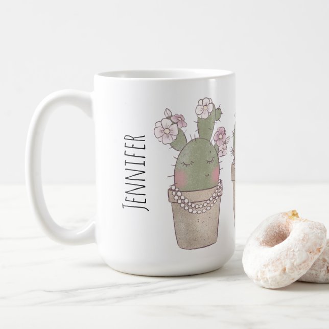Cute Smiling Cactus Trio Wearing Jewellery Coffee Mug (With Donut)
