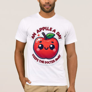 Cute Smiling Cartoon Apple – Bright Red with Leaf T-Shirt