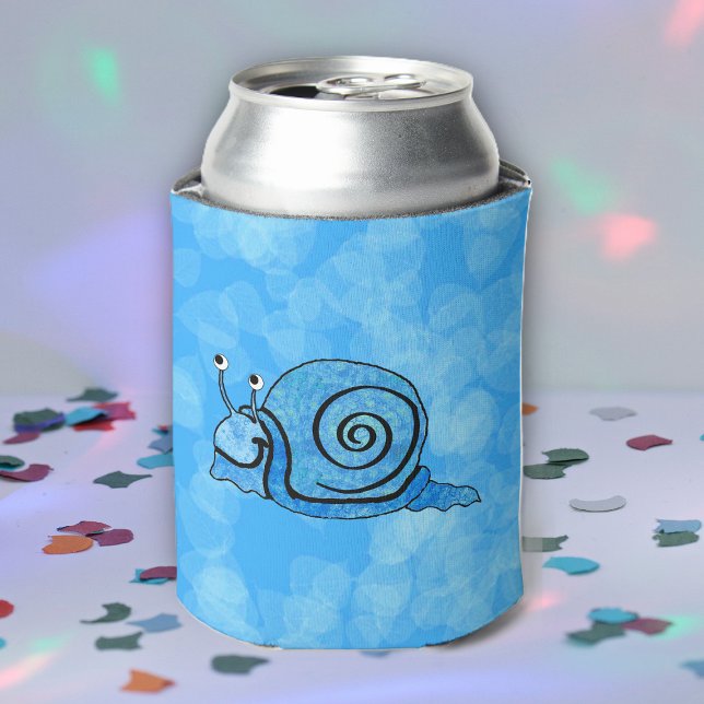 Cute Smiling Cartoon Blue Snail Can Cooler (Cute cartoon smiling snail with blue shell on blue patterned drink can cooler.)