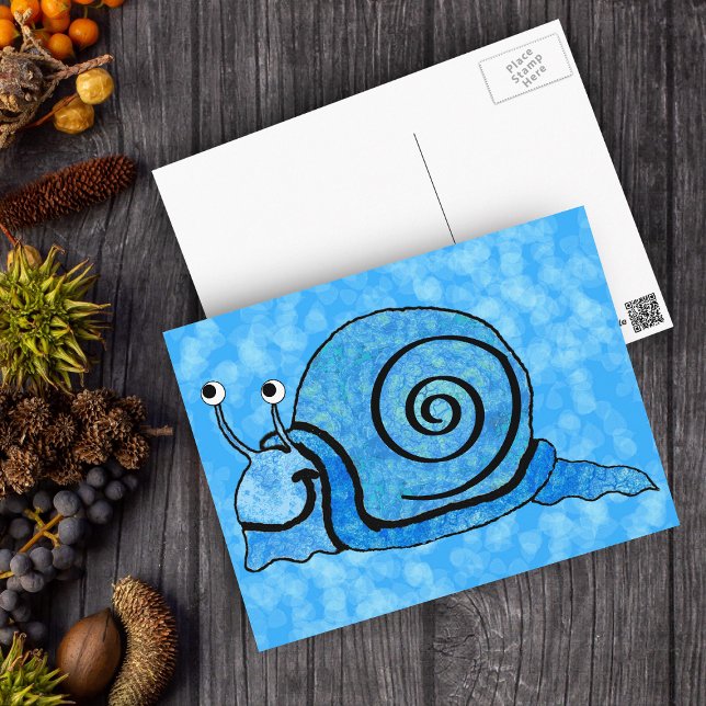 Cute Smiling Cartoon Blue Snail Postcard (Cute happy snail blue tie dye patterned shell on blue postcard.)